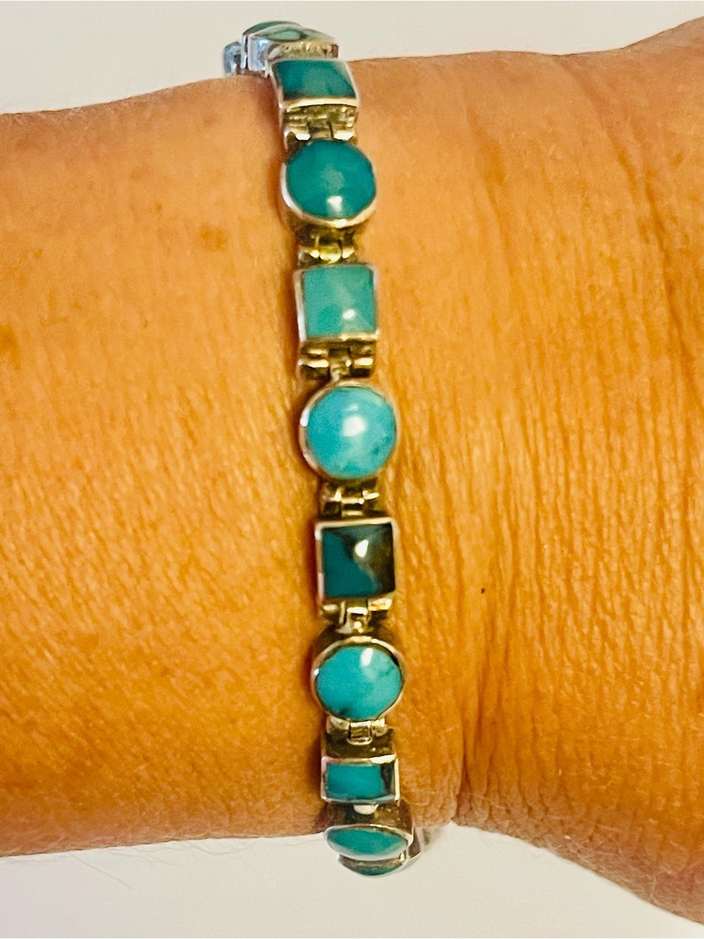 VTG SOUTHWEST STERLING SILVER GREEN TURQUOISE LINK BRACELET 6.5-6.75”